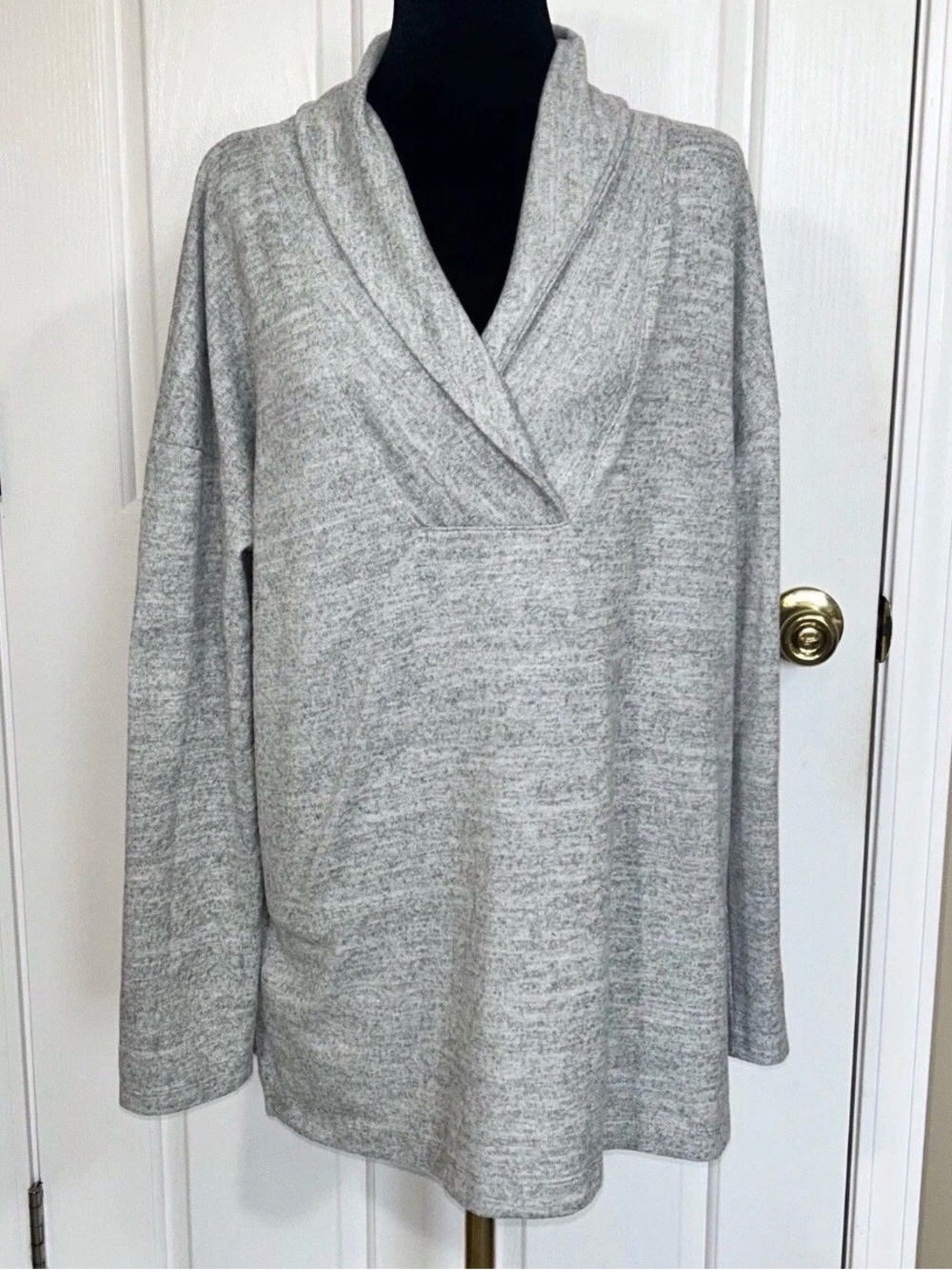 Talbots Gray Heathered Knit Pullover Sweater Tunic XL Shawl Neck Crossover